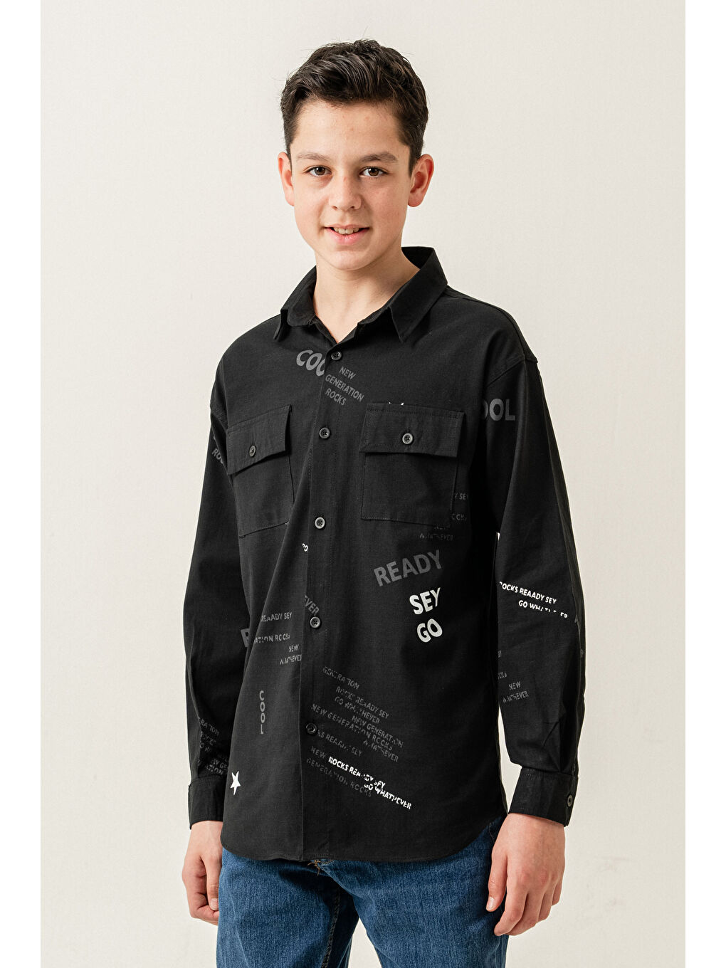 Siyah Erkek Çocuk Çift Cepli Keten Gömlek P1098-1