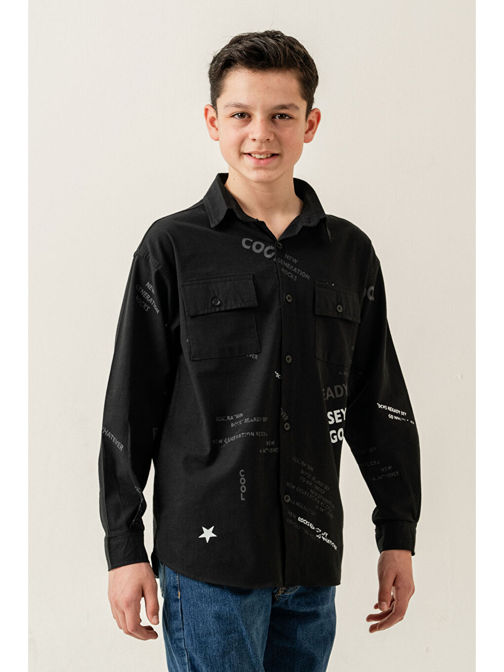 Siyah Erkek Çocuk Çift Cepli Keten Gömlek P1098-2