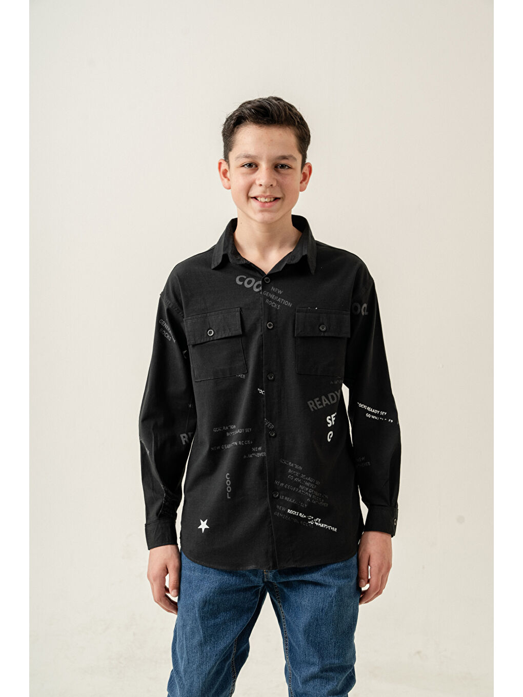 Siyah Erkek Çocuk Çift Cepli Keten Gömlek P1098-3