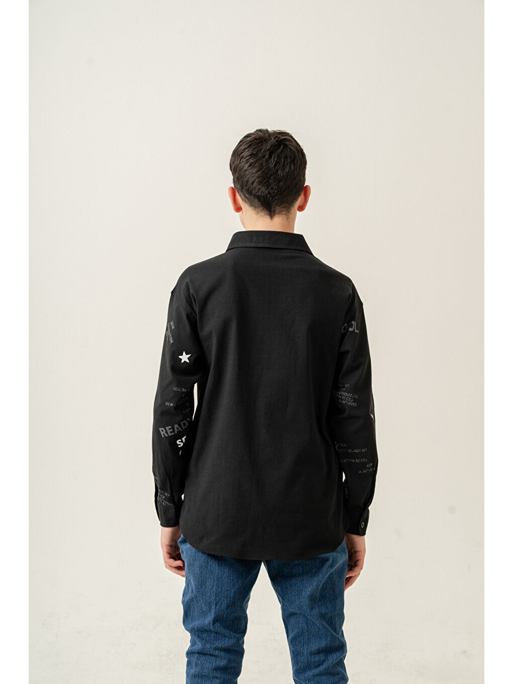 Siyah Erkek Çocuk Çift Cepli Keten Gömlek P1098-4