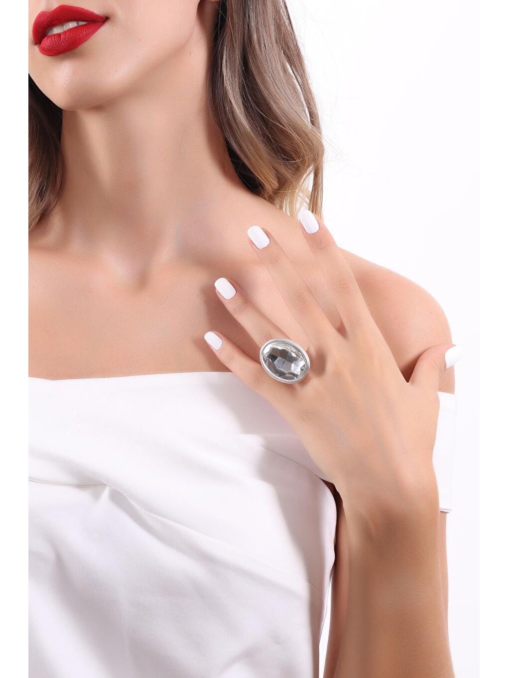 Beyaz Kadın Antik Gümüş Kaplama Taşlı Hürrem Yüzük-4