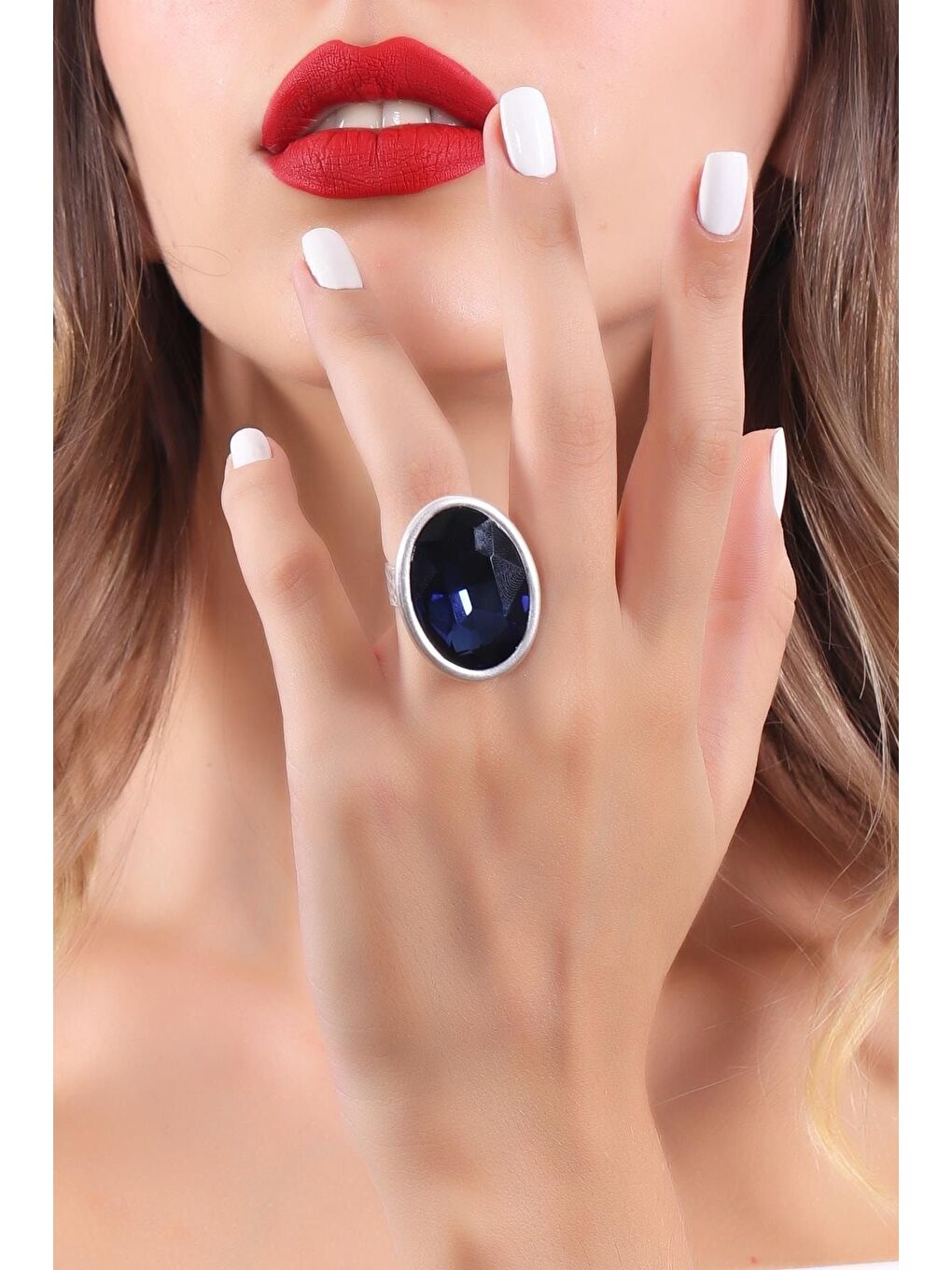 Lacivert Kadın Antik Gümüş Kaplama Taşlı Hürrem Yüzük-3