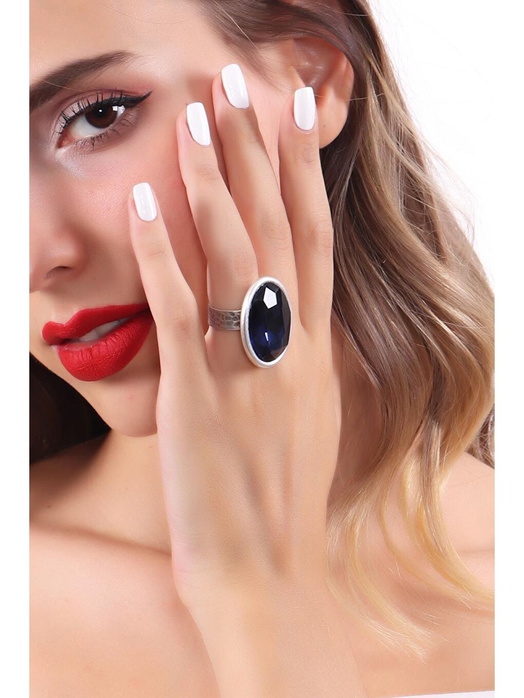 Lacivert Kadın Antik Gümüş Kaplama Taşlı Hürrem Yüzük-4