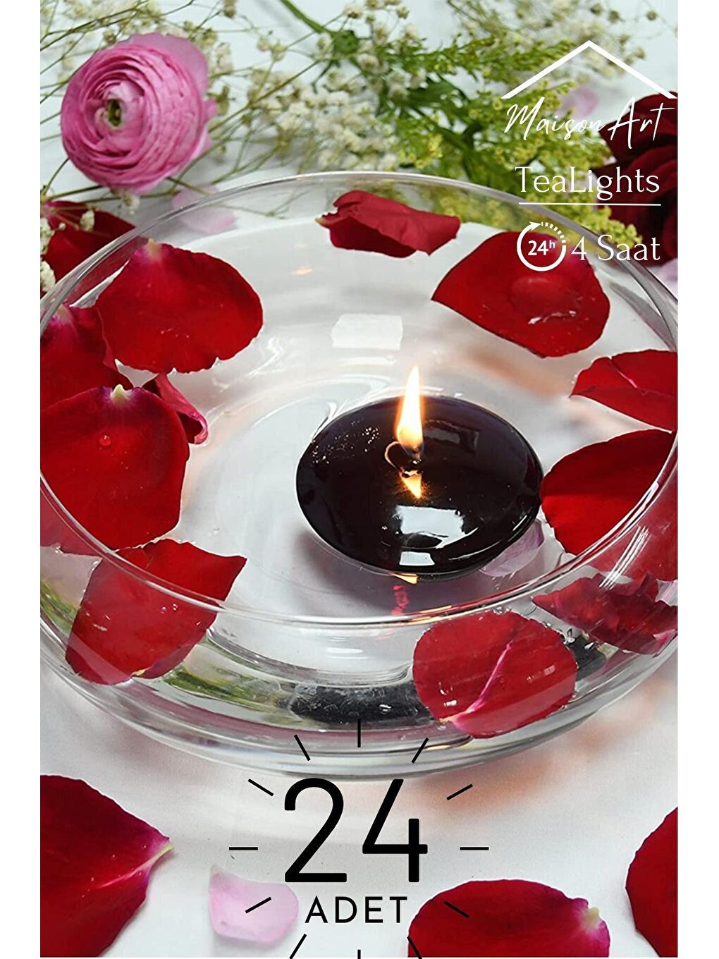 Float | Siyah 24 Adet Yüzen Mum | 4 Saat Yanan Tea Light Mum | Kokusuz Terapi Mumu