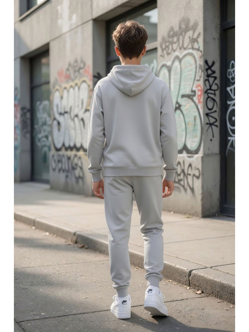Gri Erkek Çocuk Kapüşonlu Jogger Eşofmanlı 2 İplik Eşofman Takımı 24612-4