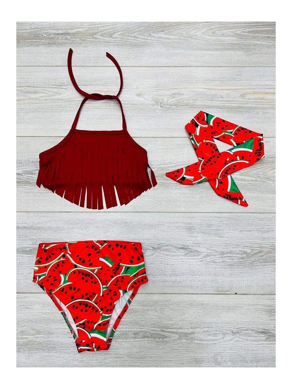Kırmızı Bandanalı Fırfır Detaylı Yüksek Bel Kız Çocuk Mayo Takımı