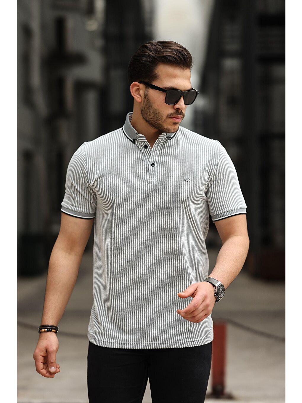 comstar Siyah Erkek Kıvrılmaz Polo Yaka  Slim Fit Çizgili T-Shirt