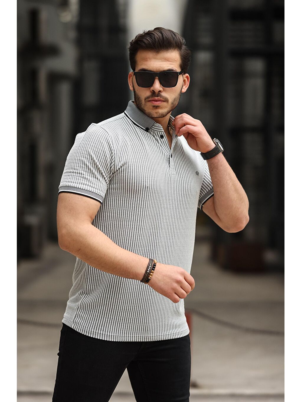 comstar Siyah Erkek Kıvrılmaz Polo Yaka  Slim Fit Çizgili T-Shirt - 1