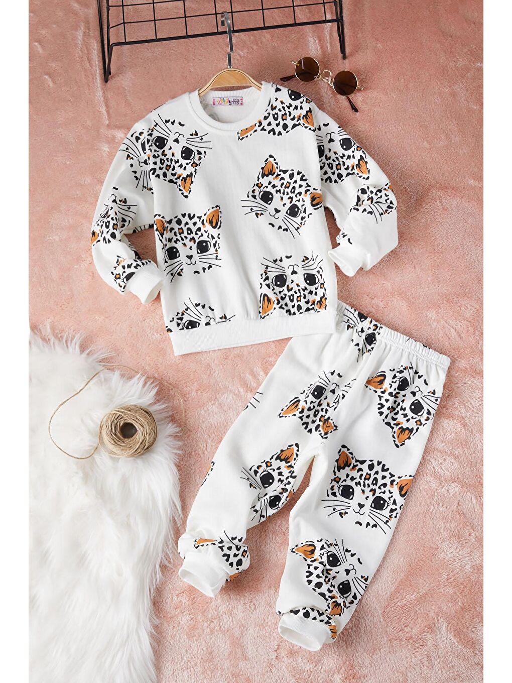 Ekru Kedi Baskılı Kız Çocuk Eşofman Takımı 17316