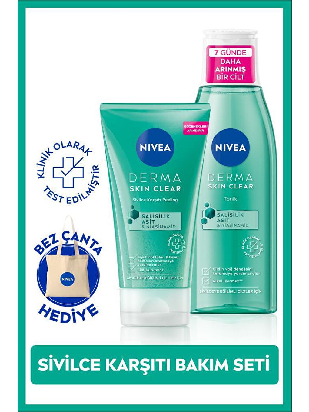 NIVEA Şeffaf Derma Skin Clear Sivilce Karşıtı Yüz Temizleyici Peeling 150 ml, Tonik 200 ml, Bez Çanta Hediye