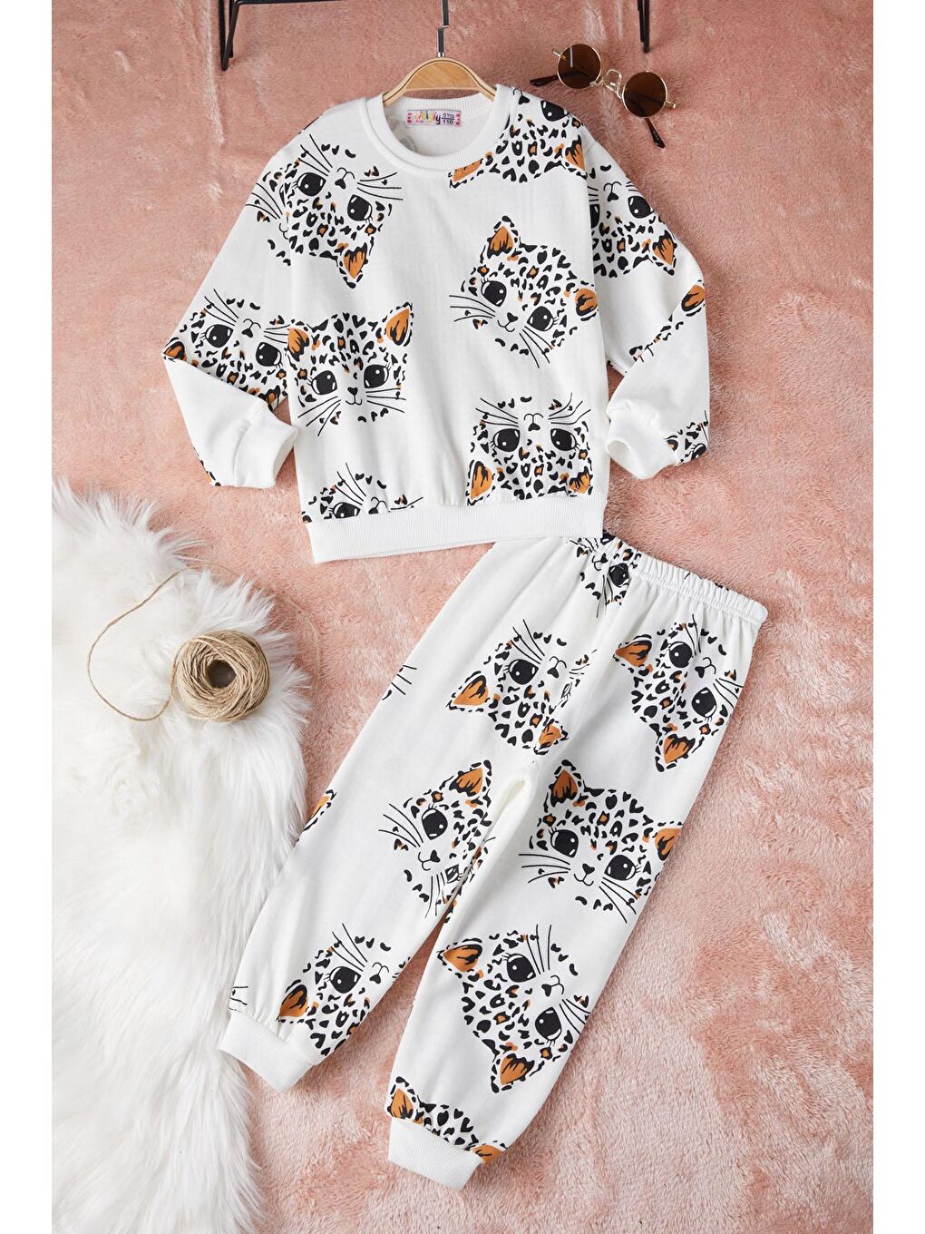 Ekru Kedi Baskılı Kız Çocuk Eşofman Takımı 17316-1