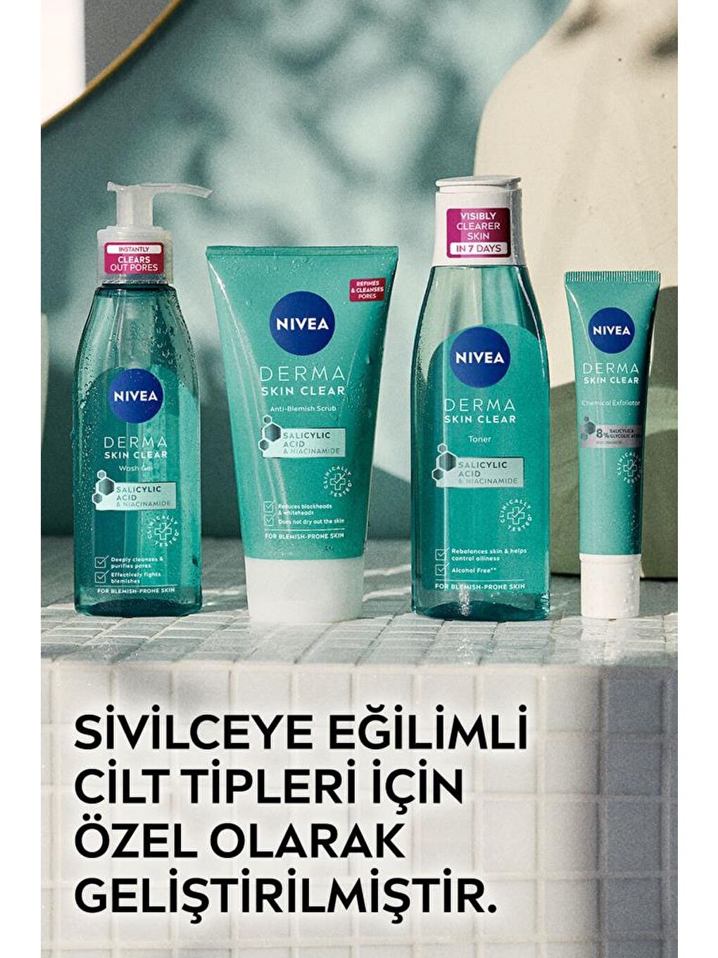 NIVEA Şeffaf Derma Skin Clear Sivilce Karşıtı Yüz Temizleyici Peeling 150 ml, Tonik 200 ml, Bez Çanta Hediye - 6