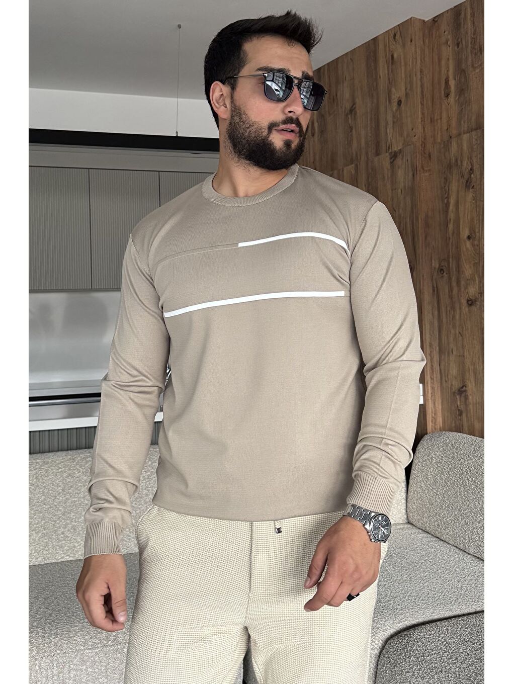 Bej Erkek Bisiklet Yaka Şerit Detaylı Triko Kazak