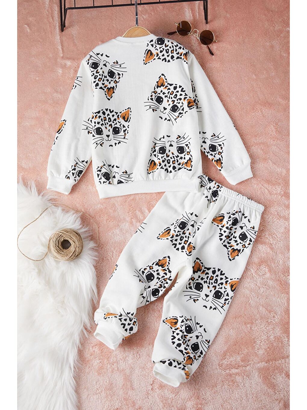 Ekru Kedi Baskılı Kız Çocuk Eşofman Takımı 17316-4