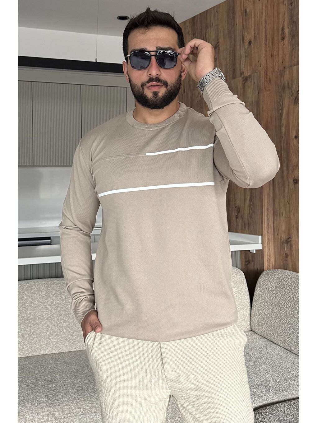 Bej Erkek Bisiklet Yaka Şerit Detaylı Triko Kazak-1