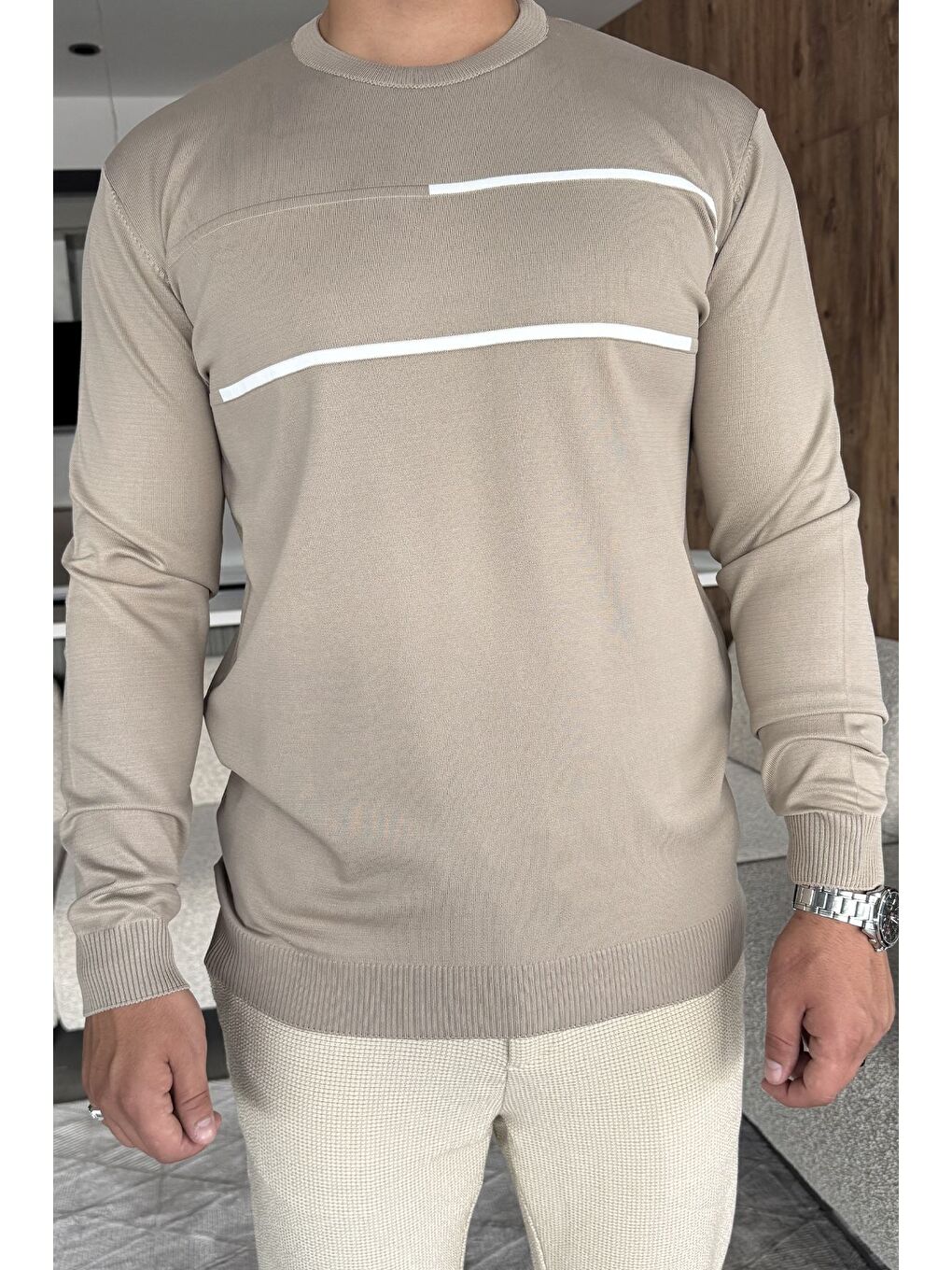 Bej Erkek Bisiklet Yaka Şerit Detaylı Triko Kazak-2