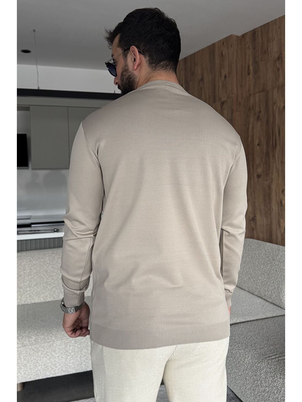 Bej Erkek Bisiklet Yaka Şerit Detaylı Triko Kazak-3