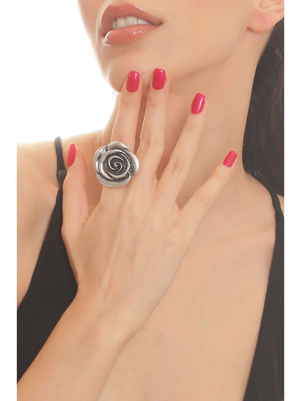 Gri Kadın Antik Gümüş Kaplama Ayarlanabilir Gül Formlu Yüzük-1