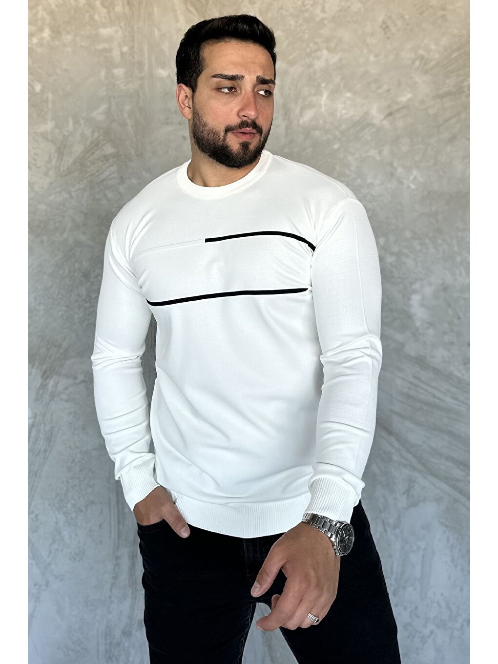 Ekru Erkek Bisiklet Yaka Şerit Detaylı Triko Kazak