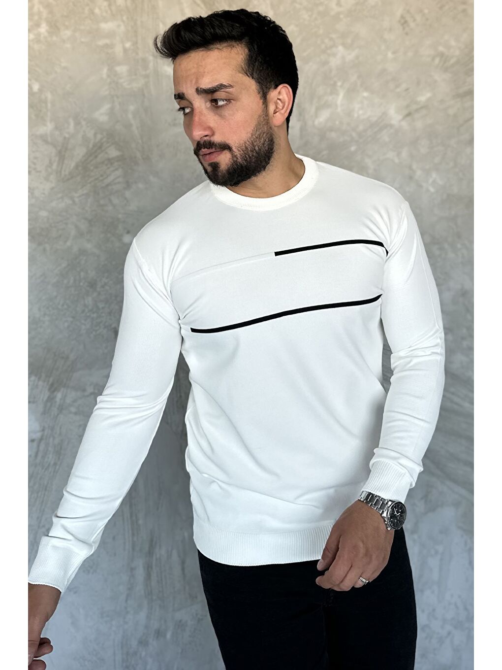 Ekru Erkek Bisiklet Yaka Şerit Detaylı Triko Kazak-1