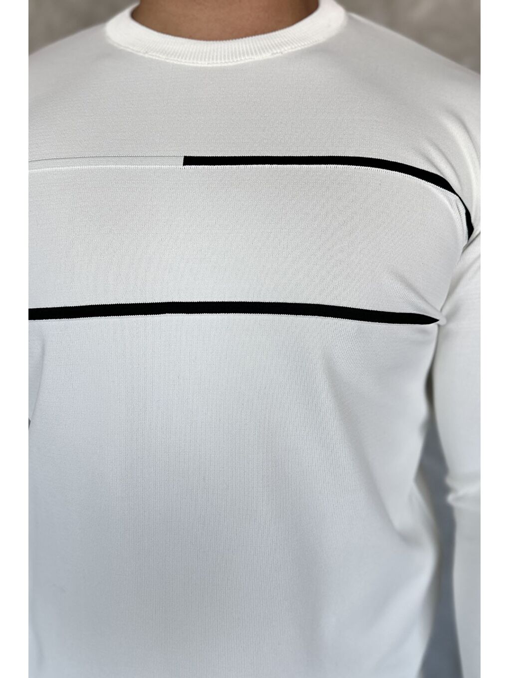 Ekru Erkek Bisiklet Yaka Şerit Detaylı Triko Kazak-2