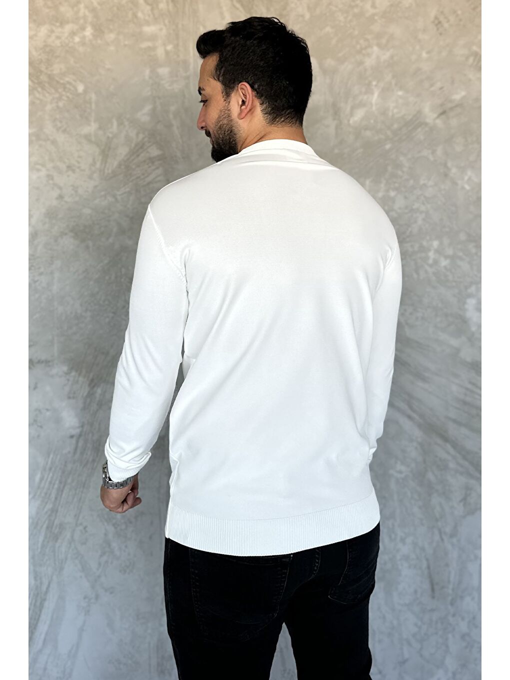 Ekru Erkek Bisiklet Yaka Şerit Detaylı Triko Kazak-3