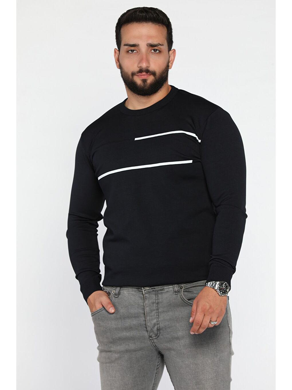Lacivert Erkek Bisiklet Yaka Şerit Detaylı Triko Kazak