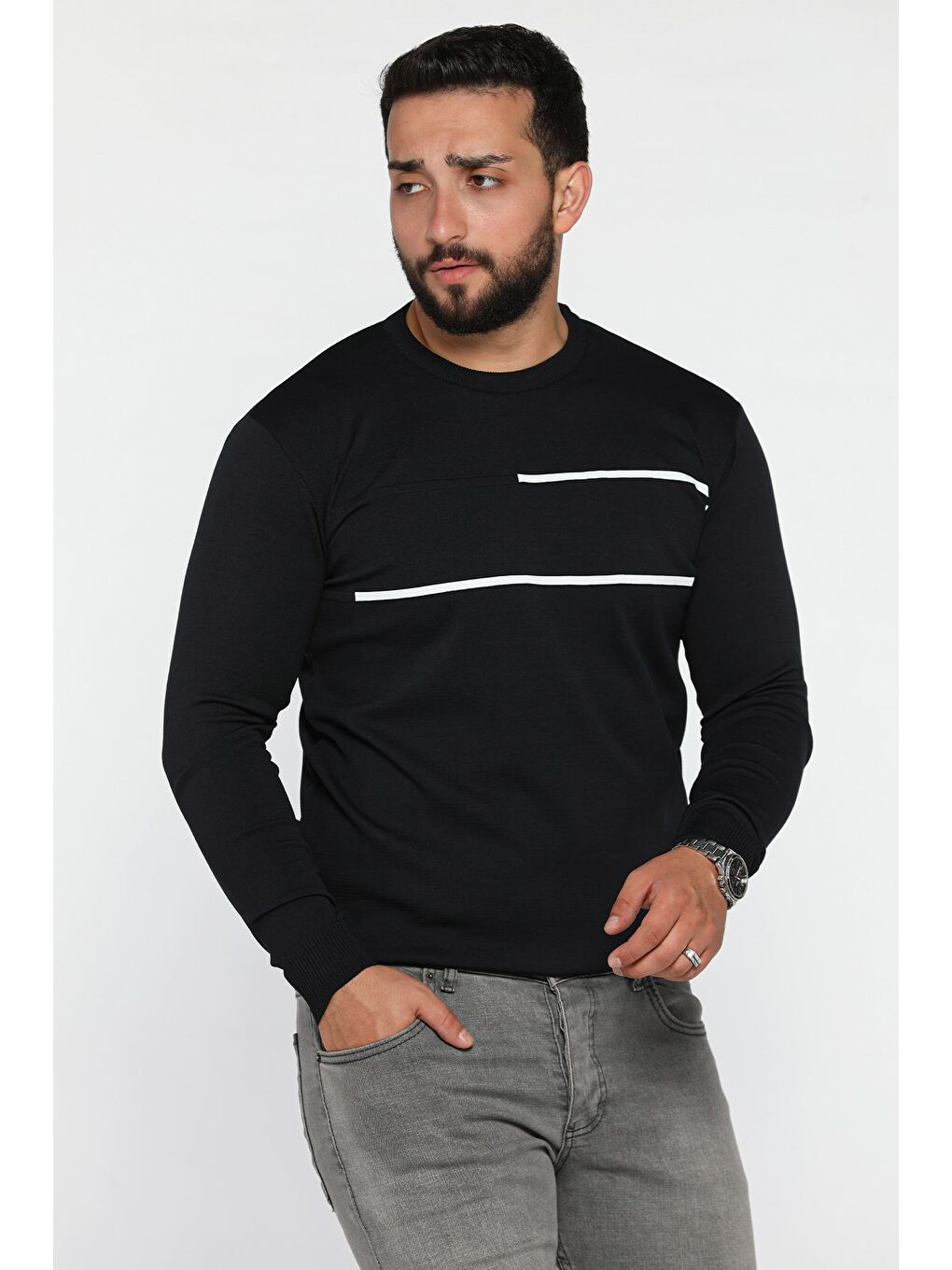 Lacivert Erkek Bisiklet Yaka Şerit Detaylı Triko Kazak-1