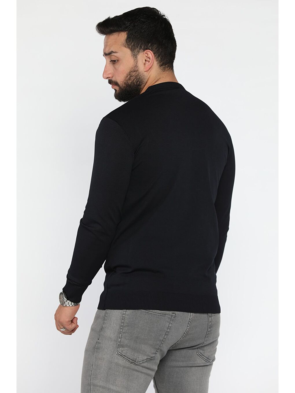 Lacivert Erkek Bisiklet Yaka Şerit Detaylı Triko Kazak-2