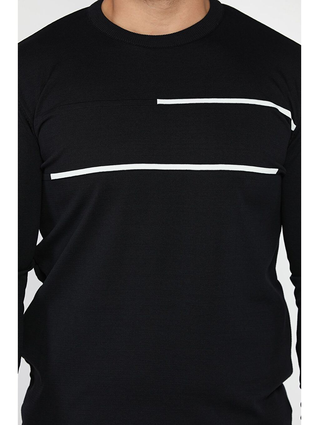 Lacivert Erkek Bisiklet Yaka Şerit Detaylı Triko Kazak-3