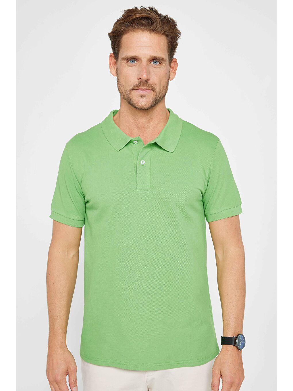 Erkek Slim Fit Dar Kesim %100 Pamuk Düz Pike Yeşil Polo Yaka Tişört-1