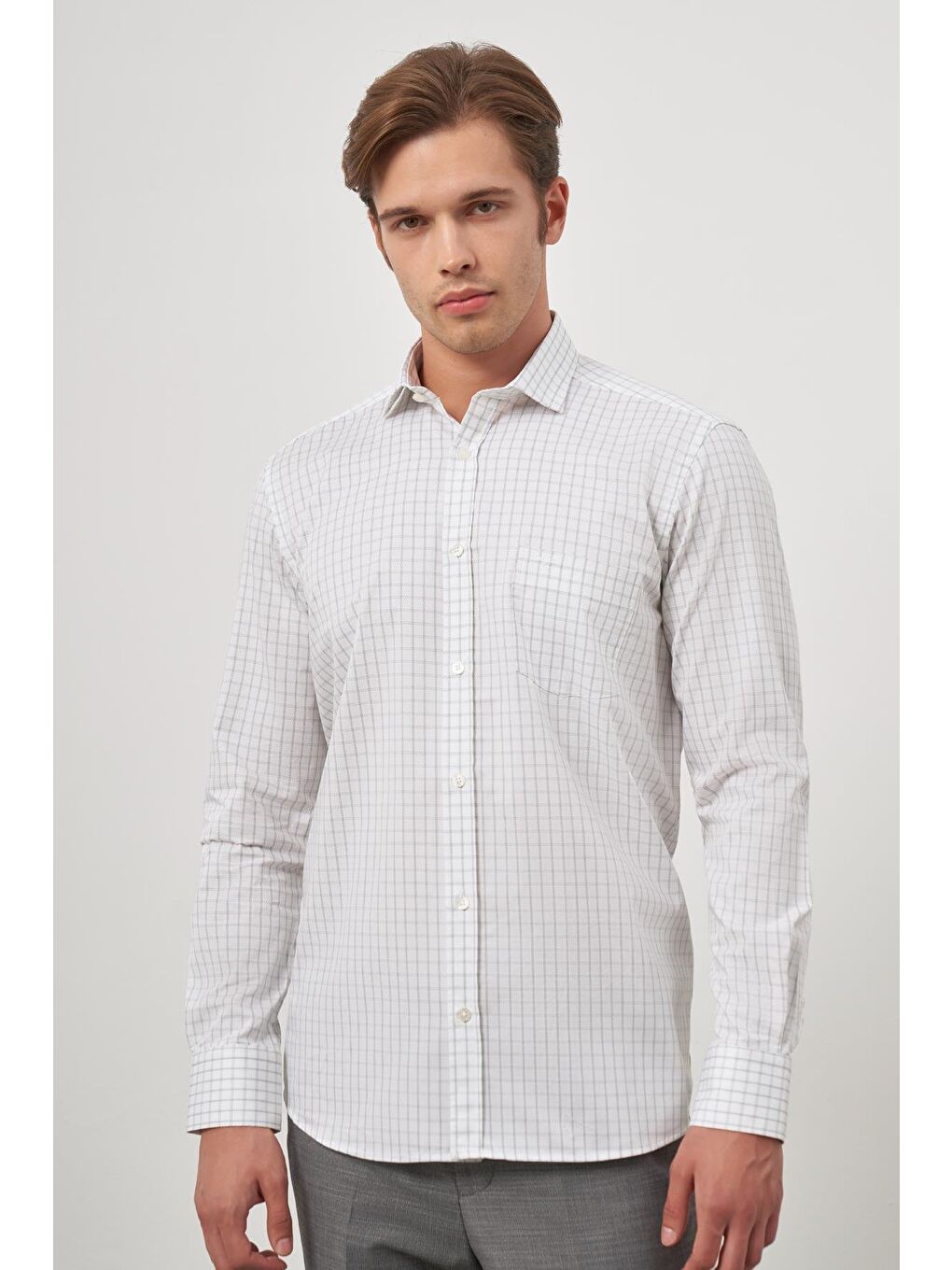 Beyaz Uzun Kol Kareli Desen Gabardin Yarım İtalyan Cepli Classic Comfort Fit Gömlek 1004245193