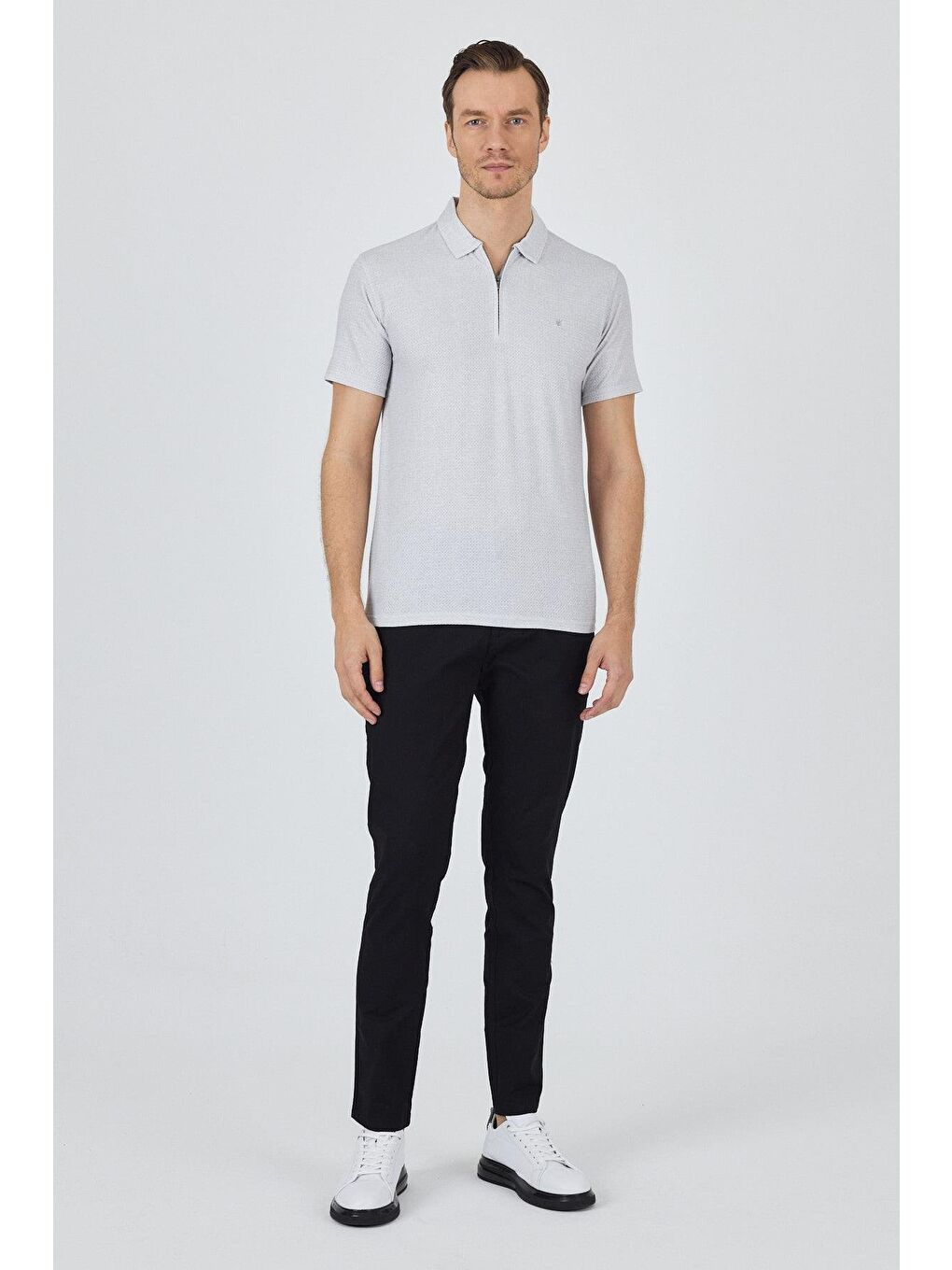 Gri Polo Yaka Kısa Kol Cepsiz Slim Fit Classic Tişört 1011250176-2