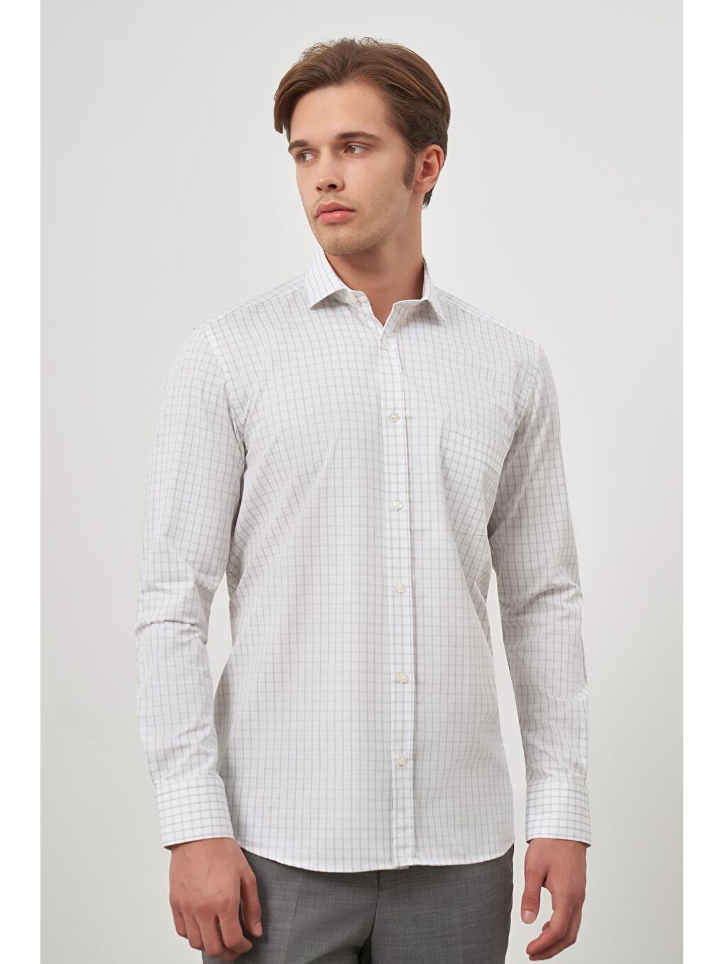 Beyaz Uzun Kol Kareli Desen Gabardin Yarım İtalyan Cepli Classic Comfort Fit Gömlek 1004245193-3