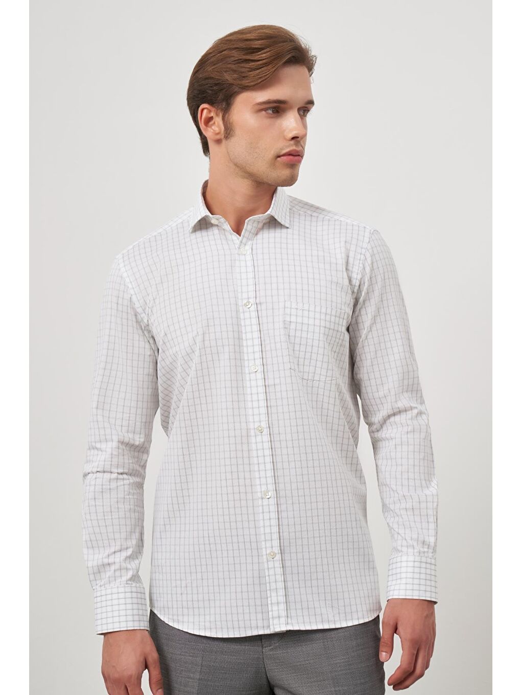 Beyaz Uzun Kol Kareli Desen Gabardin Yarım İtalyan Cepli Classic Comfort Fit Gömlek 1004245193-4