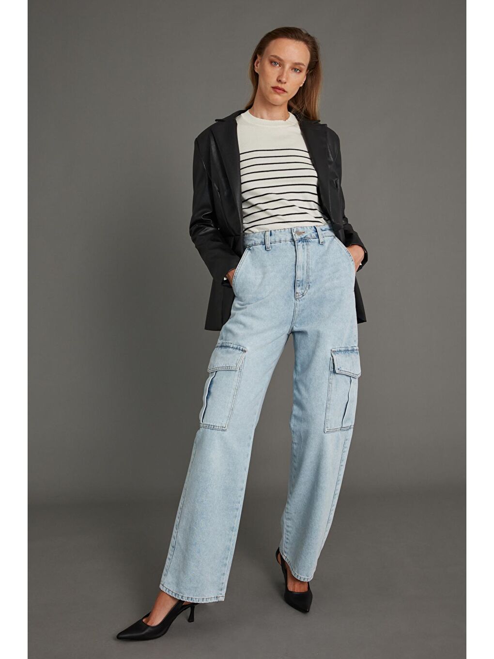 Kadın Ekru Kolu Aksesuar Detylı Çizgili Bisiklet Yaka Triko Kazak-3