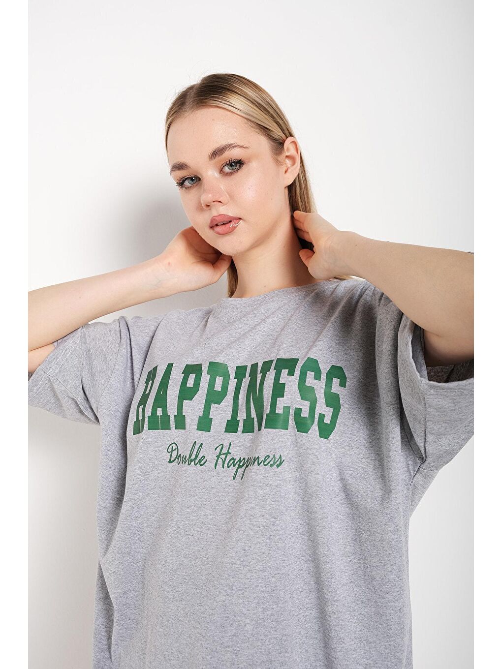 Trendseninle Gri Kadın Gri Happıness Baskılı Oversize Tişört - 2