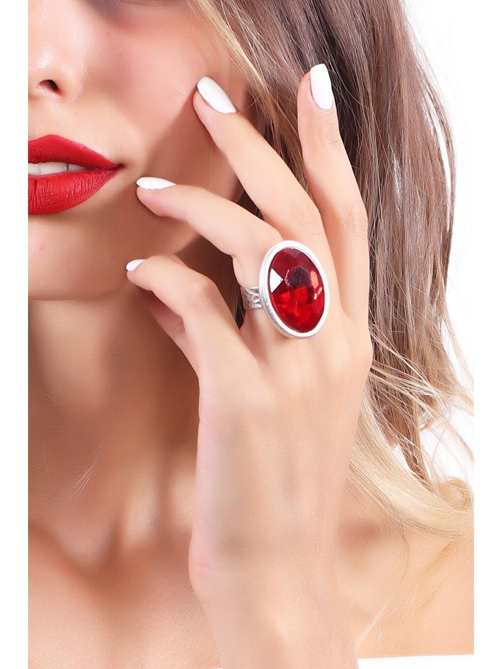 Kırmızı Kadın Antik Gümüş Kaplama Taşlı Hürrem Yüzük-3