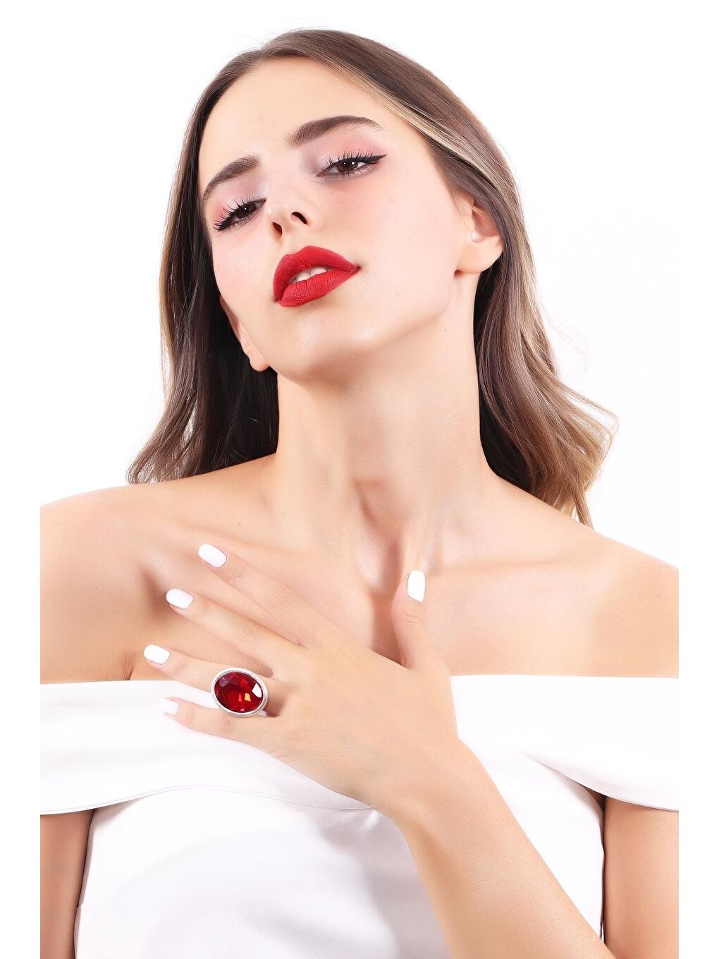 Kırmızı Kadın Antik Gümüş Kaplama Taşlı Hürrem Yüzük-4