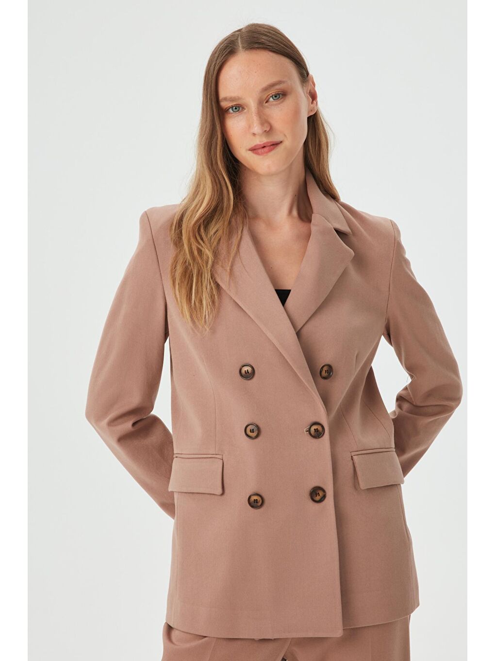Bej Kadın Camel Düğme Deteylı Boyfriend Blazer Ceket