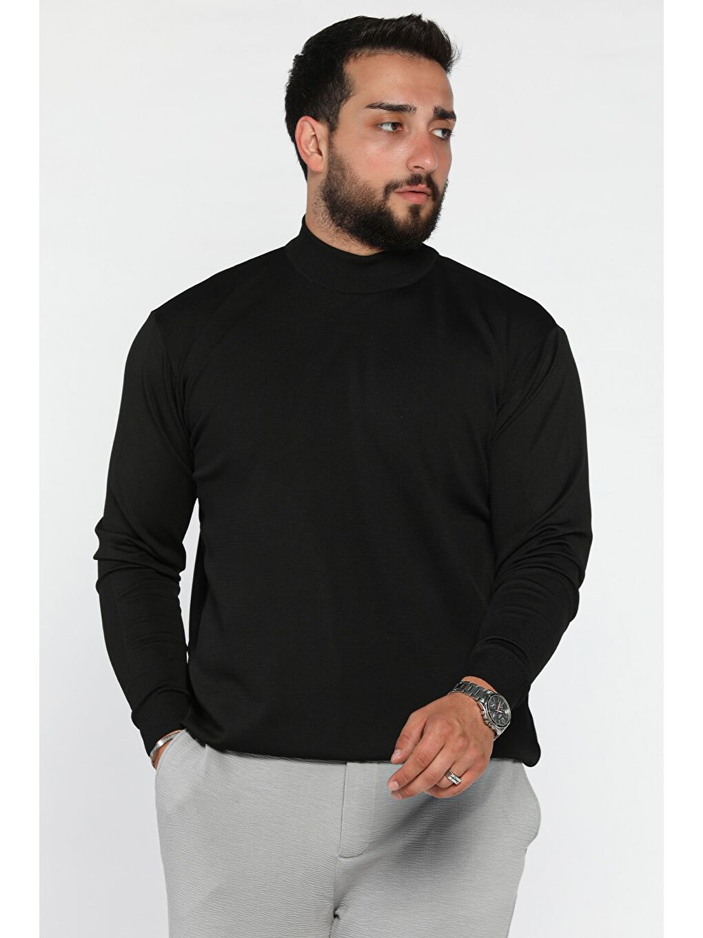 Siyah Erkek Dik Yaka Basic Triko Kazak-1