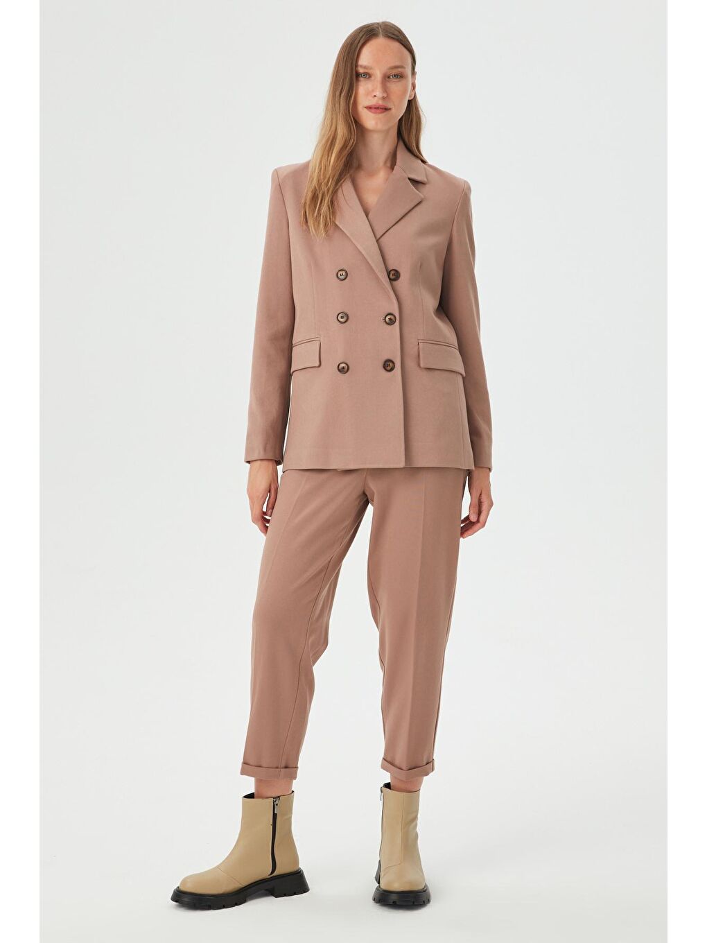 Bej Kadın Camel Düğme Deteylı Boyfriend Blazer Ceket-1