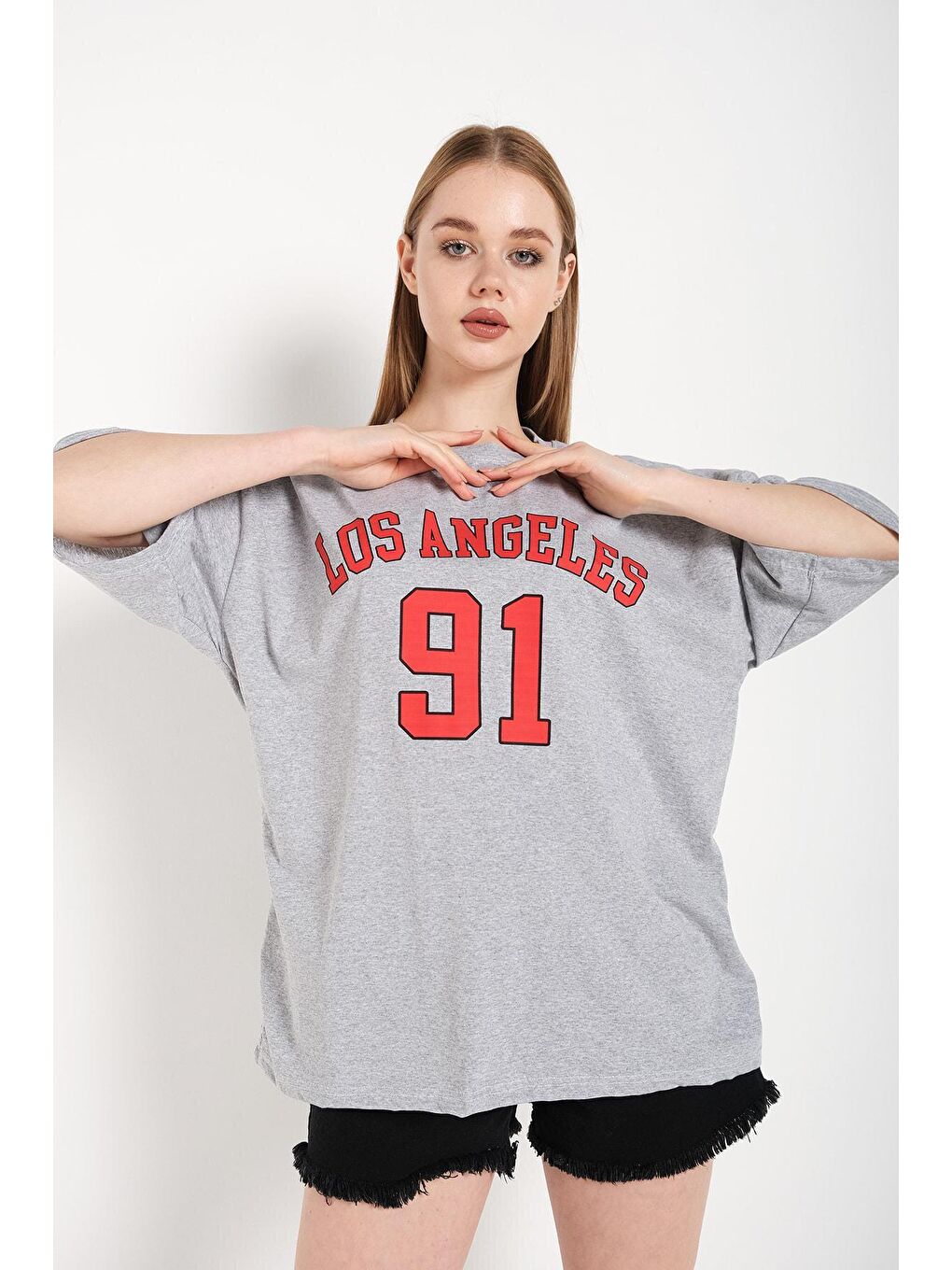 Trendseninle Gri Kadın Gri Los Angeles 91 Baskılı Oversize Tişört 001 - 1