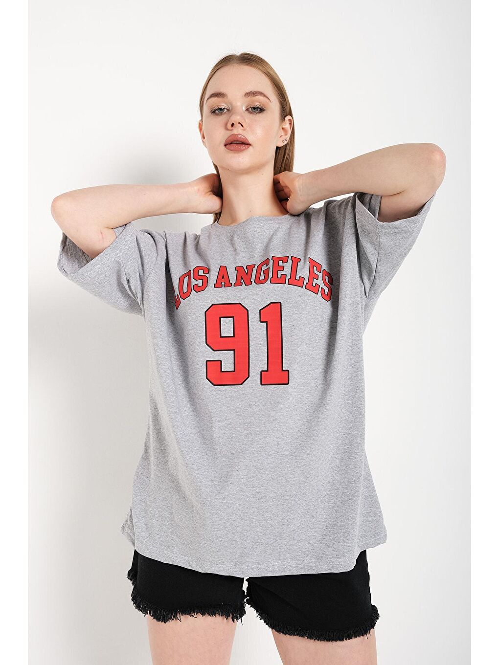 Trendseninle Gri Kadın Gri Los Angeles 91 Baskılı Oversize Tişört 001 - 2