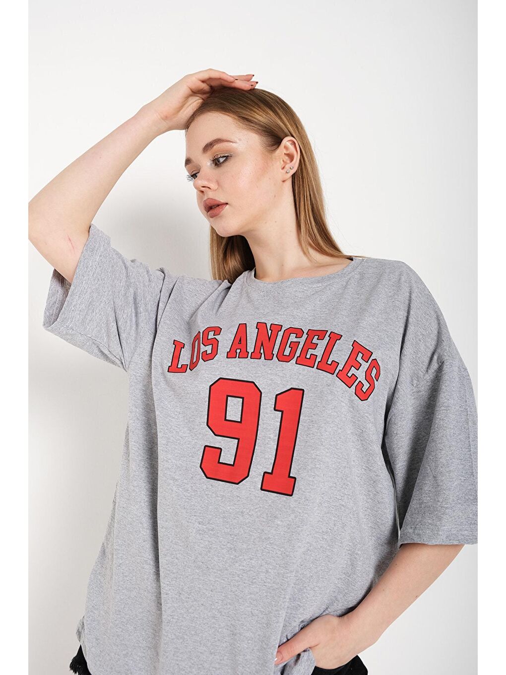 Trendseninle Gri Kadın Gri Los Angeles 91 Baskılı Oversize Tişört 001 - 3