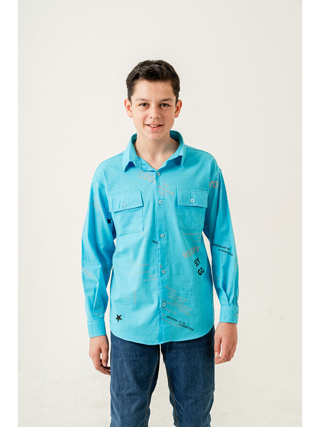 Turkuaz Erkek Çocuk Çift Cepli Keten Gömlek P1098