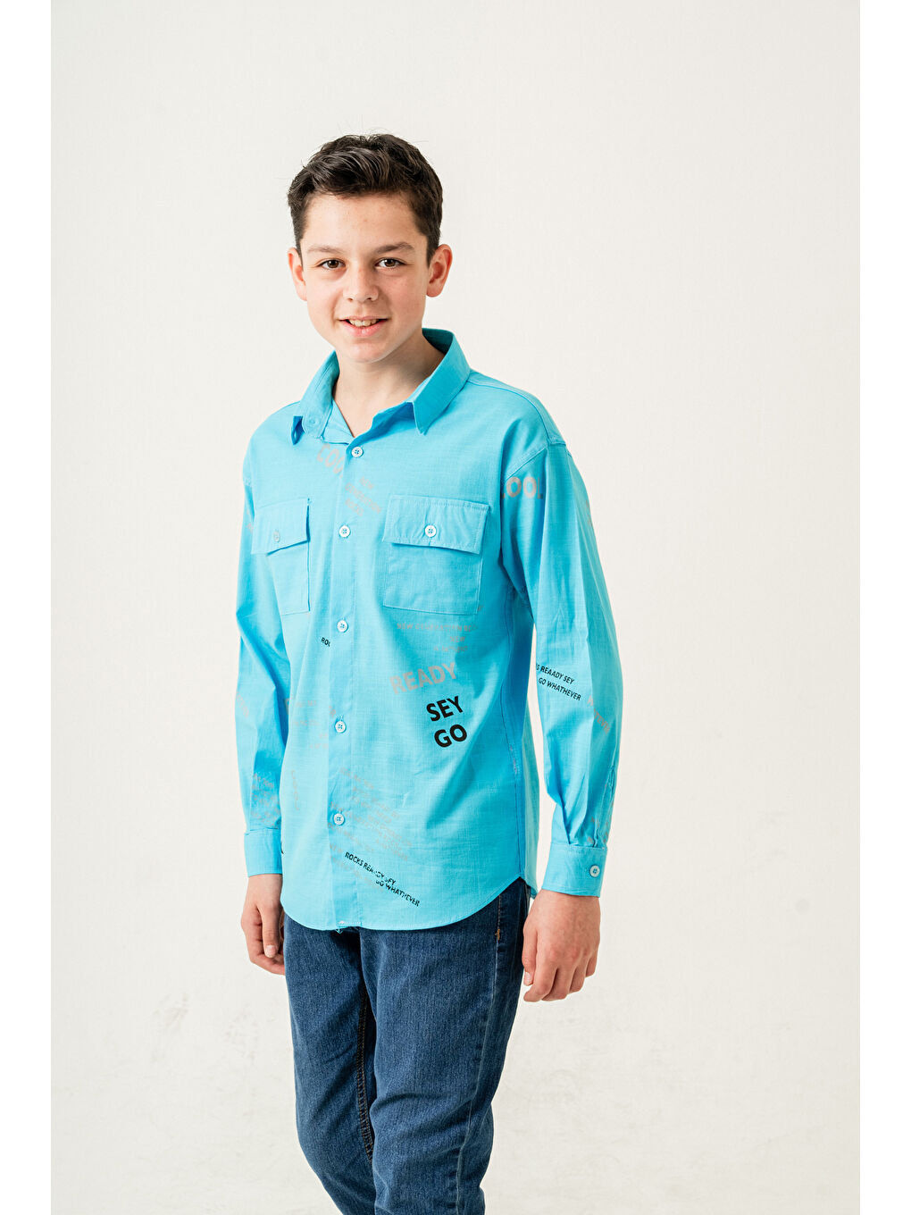 Turkuaz Erkek Çocuk Çift Cepli Keten Gömlek P1098-1