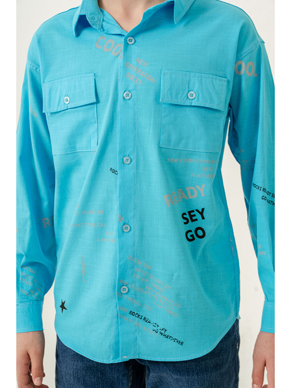 Turkuaz Erkek Çocuk Çift Cepli Keten Gömlek P1098-2