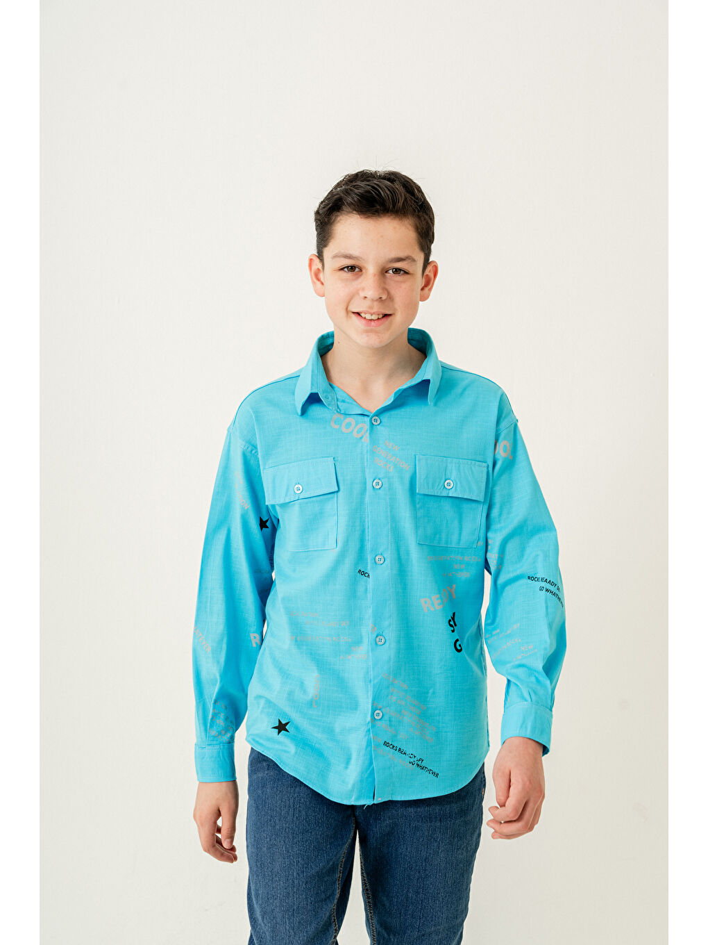 Turkuaz Erkek Çocuk Çift Cepli Keten Gömlek P1098-3