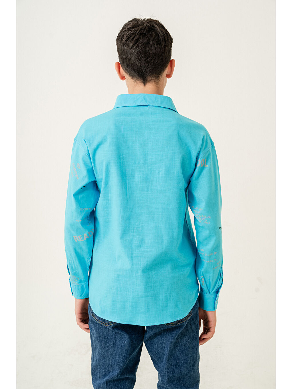 Turkuaz Erkek Çocuk Çift Cepli Keten Gömlek P1098-4